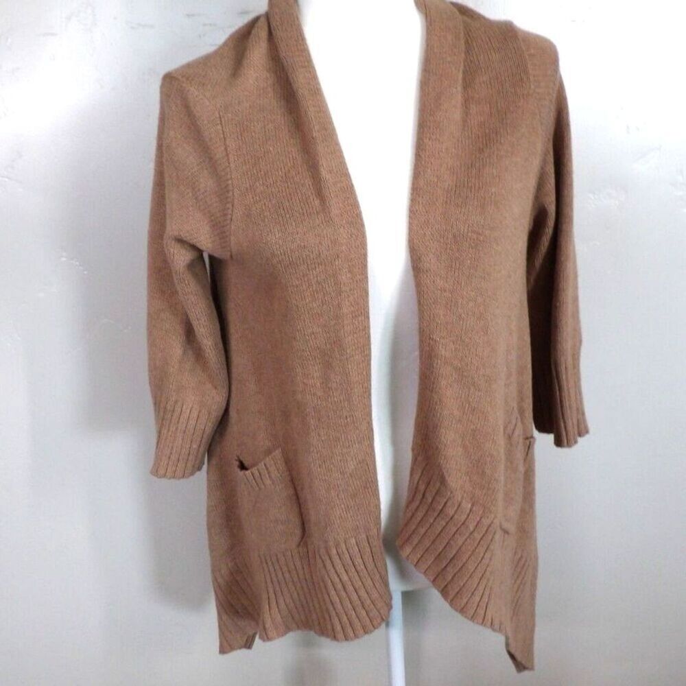 GAP Open Front Cotton Cashmere Brown Asymmetrical 3/4 sleeve‎ Cardigan | Small - Picture 2 of 6